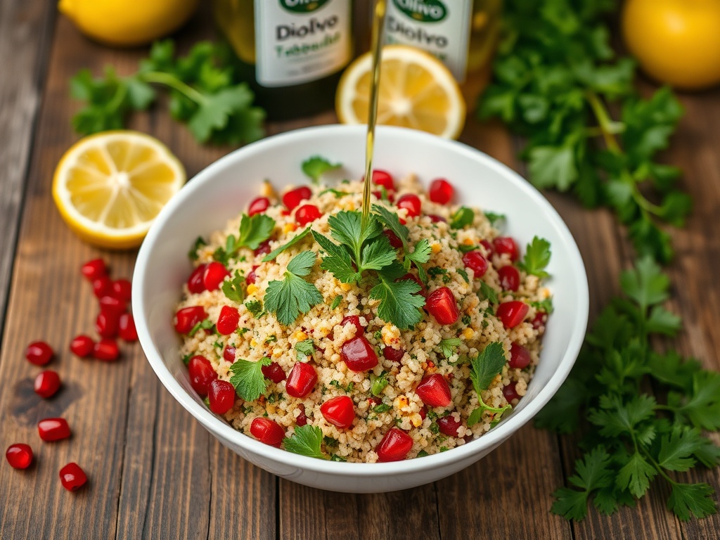 Zeytinyağlı Tabbouleh Salatası Farklı Versiyon Tarifi — Kinoa ve Narlı Akdeniz Yorumu